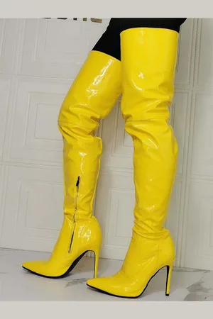 milanoo.com Stivali sopra il ginocchio con tacco a spillo taglie forti da donna Stivali alti alla coscia in PU vernice gialla