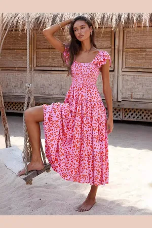 milanoo.com Abito smock Maniche svolazzanti stampate Busto elastico Abiti midi casual da vacanza