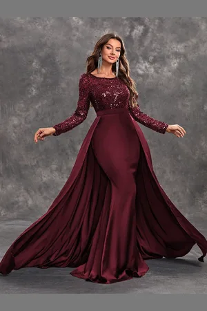 milanoo.com Abito da sera abito da ballo scollo a V con strascico maniche lunghe cerniera paillettes tessuto in raso abiti da sera formali