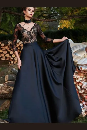 milanoo.com Abiti da sposa gotici neri in pizzo A-Line maniche a 3/4 con abito da sposa in treno Personalizzazione gratuita
