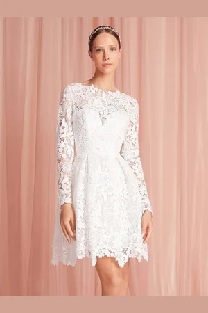 milanoo.com Abiti da sposa corti al ginocchio scollo a V maniche lunghe linea ad A vita naturale pizzo abito da sposa corto