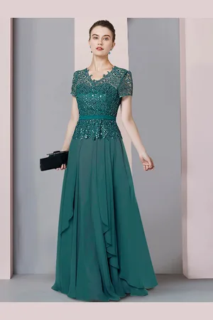 milanoo.com Abito da sposa per la madre scollo a V maniche corte una linea di pizzo abiti da cerimonia per gli invitati al pavimento personalizzazione gratuita