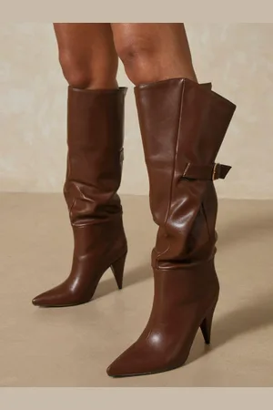 milanoo.com Stivali da donna Stivali al ginocchio color cioccolato con punta a punta e tacco a spillo in pelle PU