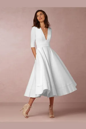 milanoo.com Abito midi con scollo a V maniche corte tasche abiti da ballo a trapezio