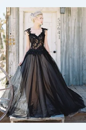 milanoo.com Abiti da sposa neri Tulle Princess Silhouette Abito da sposa senza maniche a vita bassa in pizzo a vita bassa Personalizzazione gratuita