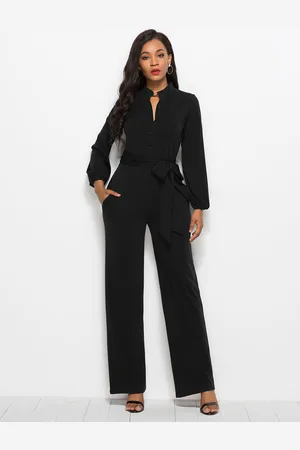 milanoo.com Tute da donna in spandex con lacci a maniche lunghe con scollo a V nero