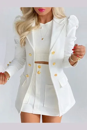 milanoo.com Set di due pezzi in poliestere bianco con colletto rovesciato soprabito casual maniche lunghe vestito per le donne