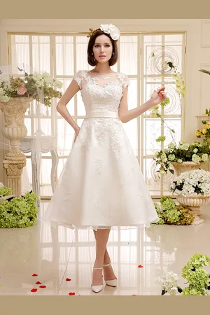 milanoo.com Abiti da Sposa 2025 Corti Abito in Pizzo Avorio Vintage Abito da Sposa Illusion Sweetheart Aperto Indietro Lunghezza Del TÈ Abiti da Ricevimento di Nozze Milanoo
