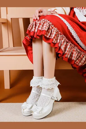 milanoo.com Sweet Lolita Calzature Décolleté Lolita con tacco grosso in pelle con fiocchi bianchi