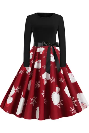 milanoo.com Vestiti Anni 50 con motivo natalizio Abiti donna maniche lunghe abiti anni 50 con scollo tondo di poliestere Autunno di retro