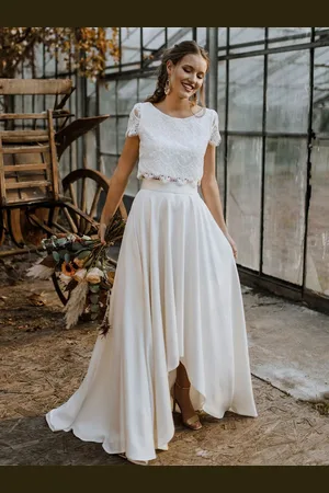 milanoo.com Abito da sposa in due pezzi in pizzo elasticizzato e crêpe con scollo a V maniche corte personalizzazione gratuita
