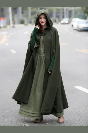 milanoo.com Poncho da donna con cappuccio verde cacciatore poncho lungo fino al ginocchio