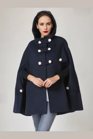 milanoo.com Mantella con cappuccio in misto lana blu scuro Poncho invernale oversize doppiopetto per donna 2025