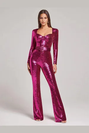 milanoo.com Tuta con paillettes scollo a cuore maniche lunghe cintura sexy