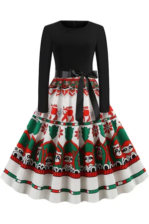 milanoo.com Vestiti Anni 50 con motivo natalizio Abiti donna maniche lunghe abiti anni 50 con scollo tondo di poliestere Autunno di retro