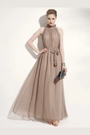 milanoo.com Abiti maxi da ballo da spiaggia in chiffon con lacci e collo gioiello con scollo all\\