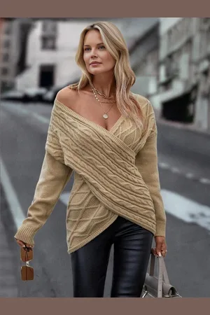 milanoo.com Maglioni a maniche lunghe con scollo a V cachi da donna