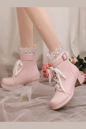 milanoo.com Stivali Lolita dolci rosa con punta rotonda in pelle PU Calzature Lolita