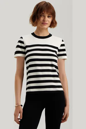 milanoo.com T-shirt a maniche corte T-shirt da donna con collo gioiello a strisce acriliche nere