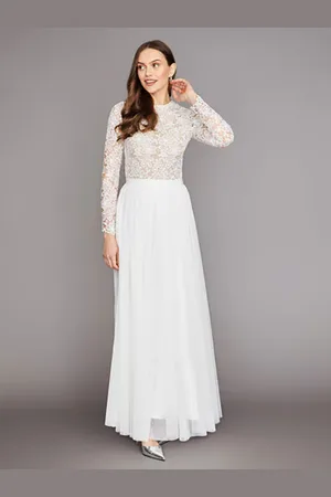 milanoo.com Abito da sposa in due pezzi con scollo a V in pizzo a trapezio lunghezza alla caviglia cerniera maniche lunghe