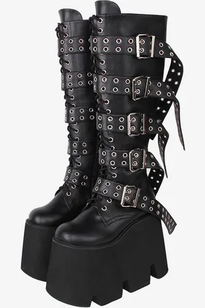 milanoo.com Stivali Lolita gotici Calzature Lolita in pelle PU nera con punta tonda