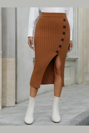 milanoo.com Gonne Cammello Acrilico Vita Rialzata Chic Spacco Alto Autunno Lunghezza Metà Polpaccio Pantaloni da Donna