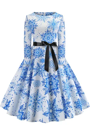 milanoo.com Abito vintage blu a maniche lunghe con stampa di Natale