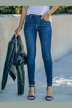 milanoo.com Pantaloni in denim casual con cerniera alta a vita alta in jeans skinny