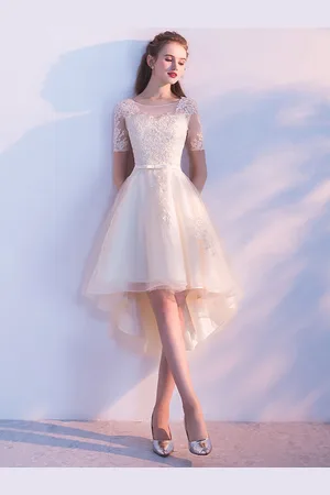 milanoo.com Abito homecoming svasato in tulle con scollo tondo maniche corte Zip asimmetrico cintura pizzo
