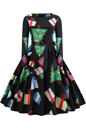 milanoo.com Abito vintage con maniche lunghe; girocollo; abito con stampa di Natale