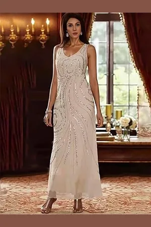 milanoo.com Abito da sposa disegnato da madre della sposa scollatura maniche lunghe due pezzi paillettes lunghezza alla caviglia abiti da invitata