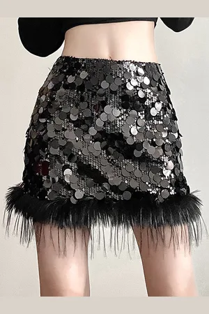 milanoo.com Minigonna nera con paillettes e bordo in piume vita naturale gonna corta sexy per feste di compleanno per le donne 2025