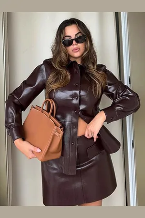 milanoo.com Gonna set casual quotidiano PU pelle bottoni chic