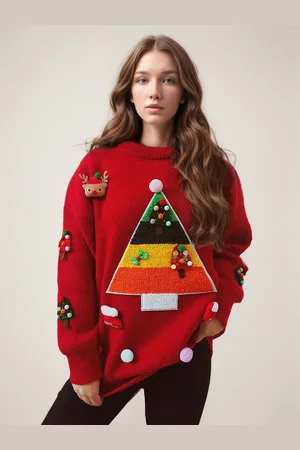 milanoo.com Maglione con pompon girocollo maniche lunghe polsini con finiture a coste