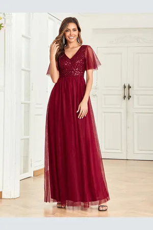 milanoo.com Abito lungo con scollo a V corpetto con paillettes maniche a farfalla abiti da ballo