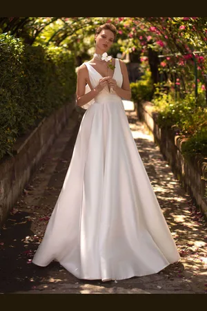 milanoo.com Abito da sposa vintage con scollo a V senza maniche in tessuto di raso a vita naturale con abiti da sposa con fiocchi