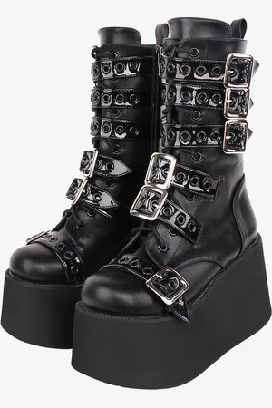 milanoo.com Stivali Lolita gotici Pelle PU Occhielli bicolore Punta tonda Calzature Lolita nere