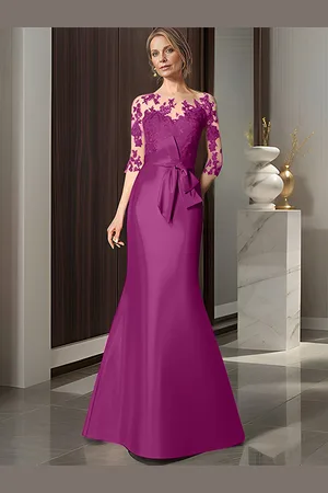 milanoo.com Abito da sposa per la madre scollatura a illusione maniche a 3/4 fiocchi abiti da cerimonia nuziale a sirena