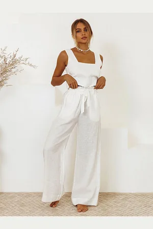 milanoo.com Set di pantaloni bianco casual quotidiano casual con lacci in cotone e lino in due pezzi