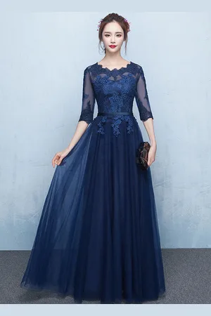 milanoo.com Abito da Sera 2025 Blu Prom Abito da Sera Lungo in Tulle con Applicazioni in Tulle Scuro Abito da Cerimonia di Lunghezza Pavimento in Raso Blu Scuro