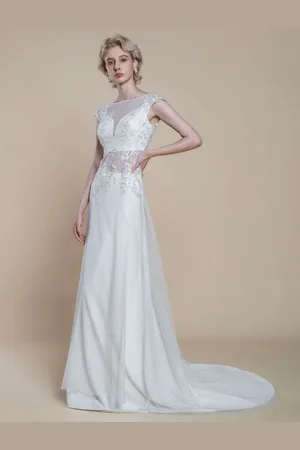 milanoo.com Abito da sposa in due pezzi pizzo scollatura a trapezio con strascico cerniera maniche corte lungo 30 cm avorio