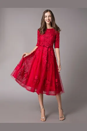 milanoo.com Pizzo Abiti da cocktail Borgogna Bow Sash Mezza manica tè lunghezza Prom Dress