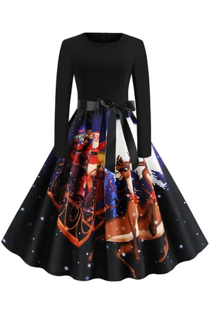 milanoo.com Vestiti Anni 50 con motivo natalizio donna maniche lunghe Nero fiocchi con scollo tondo di poliestere lungo fino al ginocchio Inverno Autunno