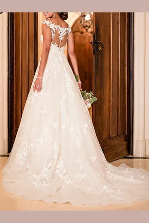 milanoo.com Abiti da sposa Una linea scollo a V senza maniche in pizzo Illusion Back Abiti da sposa