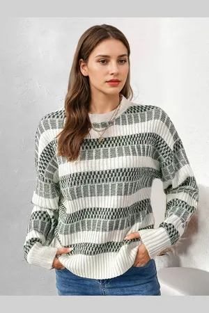 milanoo.com Maglione da donna verde cacciatore con scollo a gioiello bicolore maniche lunghe a strati in acrilico
