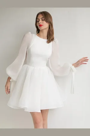 milanoo.com Abiti da sposa corti Abiti da sposa corti con scollo a gioiello e maniche lunghe Abiti da sposa corti in organza con vita naturale