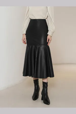 milanoo.com Gonna in pelle PU con volant Pantaloni da donna casual quotidiani di media lunghezza