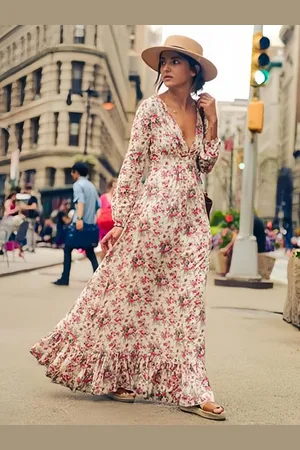 milanoo.com Vestiti Lunghi Abiti Lunghi pieghettature Cotone misto con stampe maniche lunghe Vestiti Lunghi Eleganti plissettata Abiti con scollo a V
