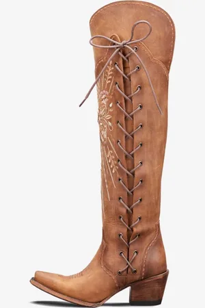 milanoo.com Stivali da donna sopra il ginocchio western marrone caffè con punta affilata e lacci alti fino alla coscia