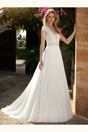 milanoo.com Abito da sposa Boho in pizzo tagliato a trapezio con strascico senza schienale maniche corte scollo a V